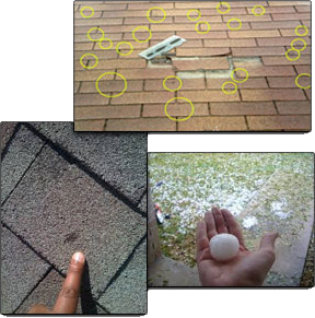 Signs of storm damage on an asphalt shingle roof.